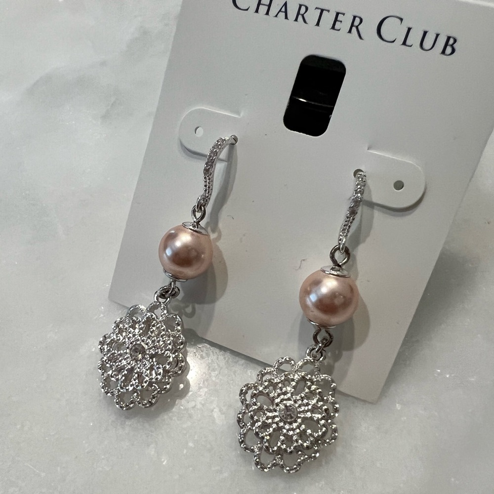 Charter Club Crystal Filigree & Imitation Pink Pearl Drop Earrings - Picture 3 of 4